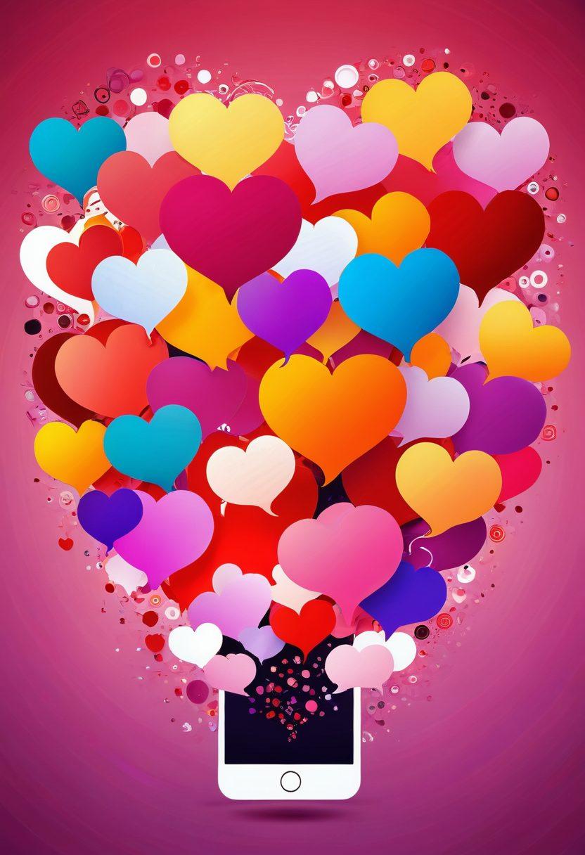 An abstract heart composed of colorful speech bubbles symbolizing short messages and communication. The background should feature a warm gradient representing love and connection. Include subtle visuals of envelopes and mobile devices to emphasize the theme of exchange. Enhancing the overall feel, incorporate soft, uplifting lighting. vibrant colors. super-realistic.