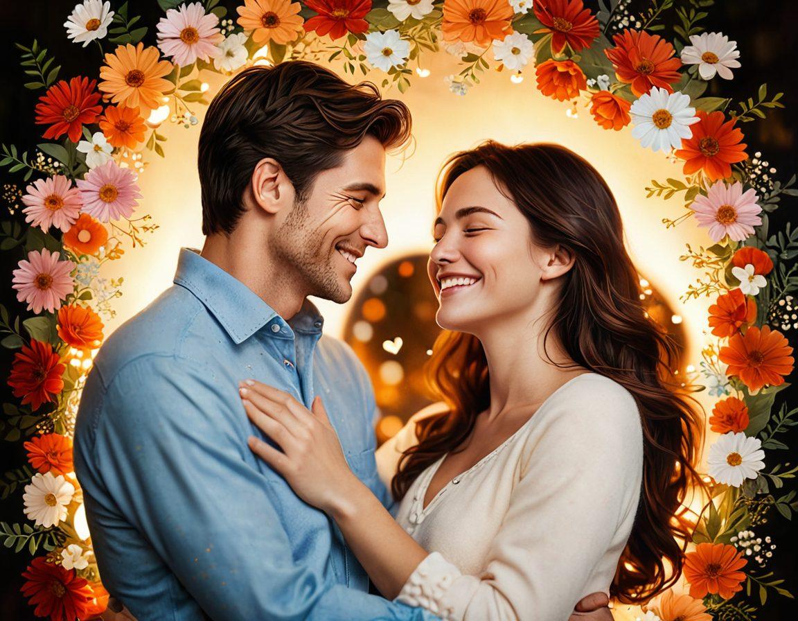 A cozy couple sharing a moment of laughter with a soft glow around them, surrounded by floating hearts and delicate flowers, symbolizing affection and connection. The scene captures warmth and intimacy, highlighting the beauty of succinct expressions of love in everyday life. super-realistic. warm colors. soft focus.